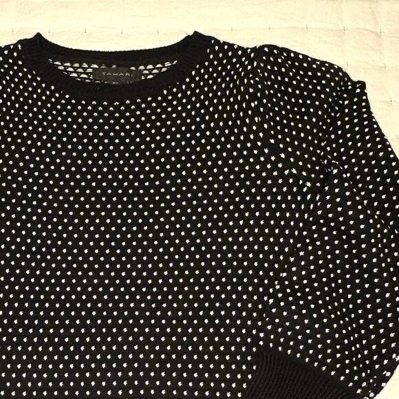Tahari Puff Shoulder Crew Neck Sweater Women's M | Black White Dots - Picture 2 of 11